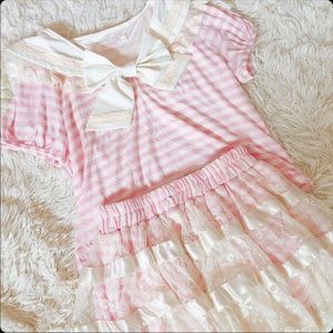 Kawaii Cute Pink White Stripe Lace Two Piece Set